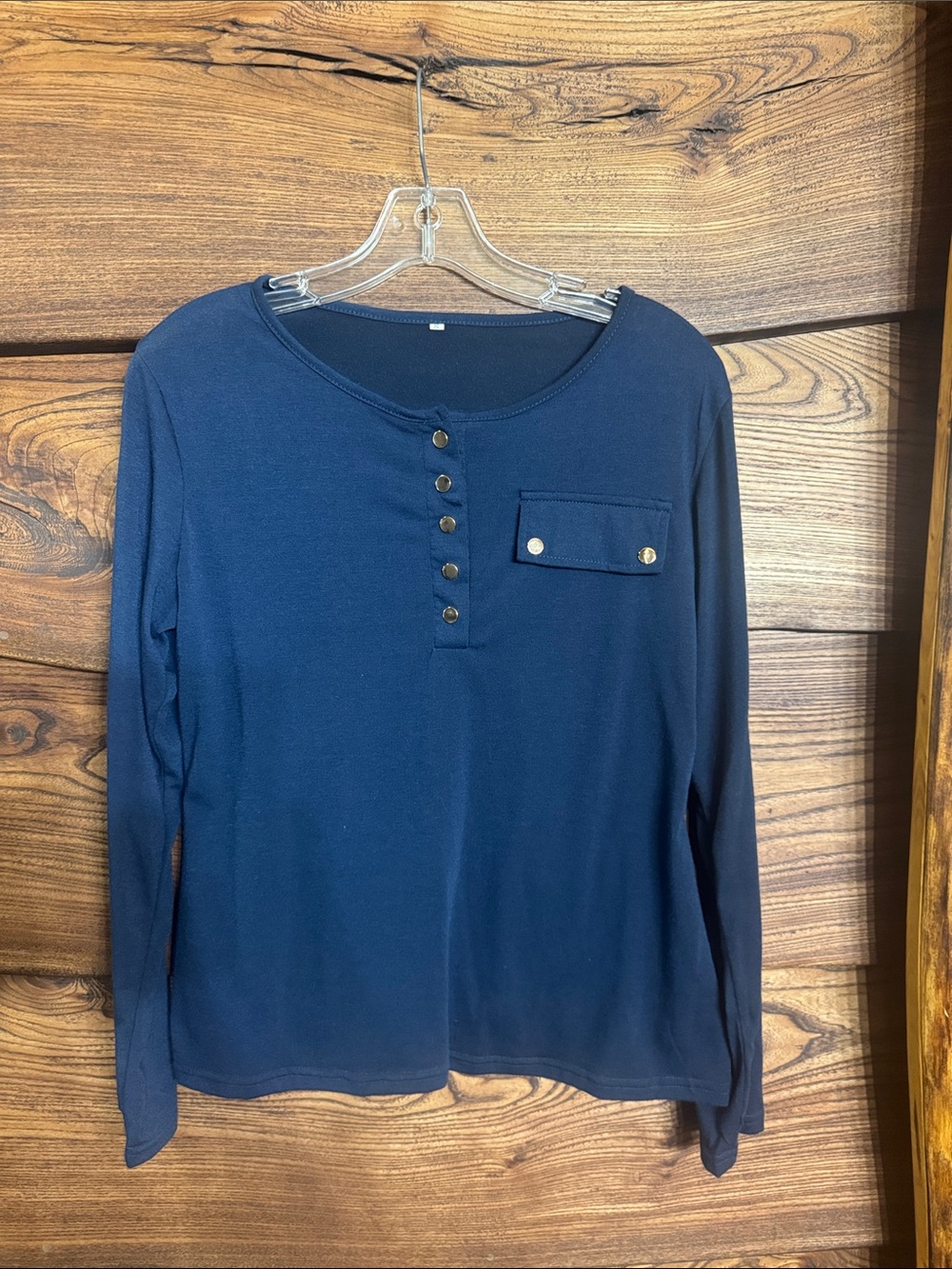 Amazon Navy Long Sleeve Henley Top with Button Chest Pocket
